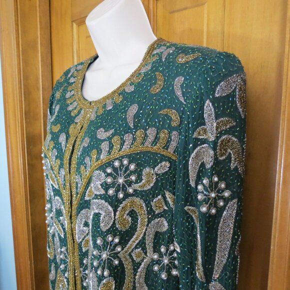 Laurence Kazar Green & Gold Vintage Beaded Silk Evening Cocktail Jacket Size XL - Picture 3 of 11